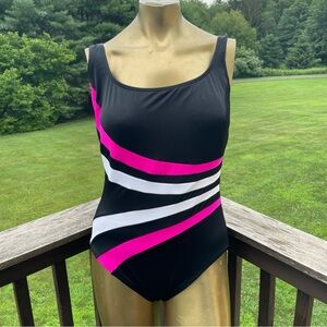 Longitude swimsuit one piece maillot tank basic slimming modest black pink 12